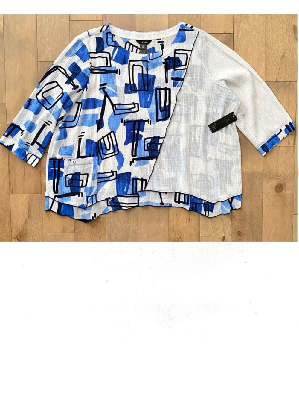 Ali Miles Nwt Abstract Print Crew Neck 3/4 Sleeve Asymmetric Hem Tunic Blue 3X